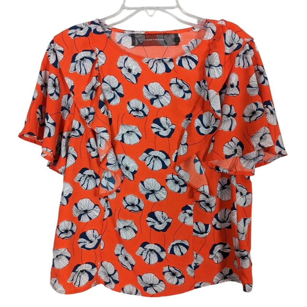 CODE MODE Ruffle orange blue‎ white floral cropped short sleeve blouse S